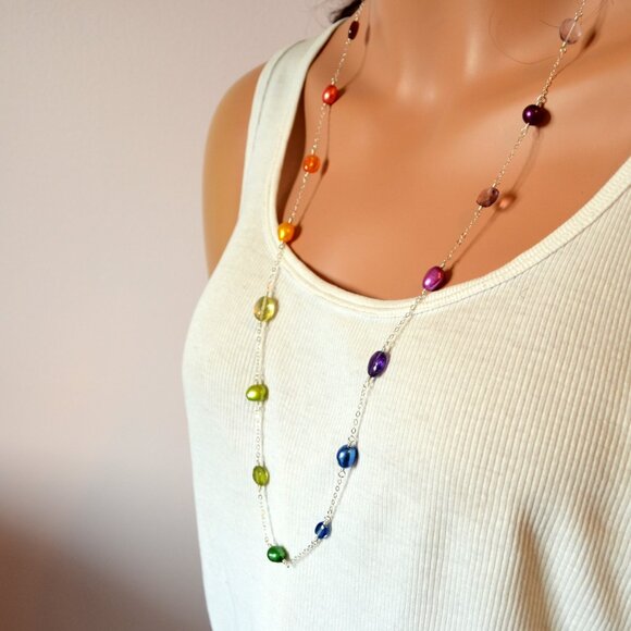 Long Rainbow Gemstone and Pearl Necklace in Sterling Silver - Picture 8 of 8